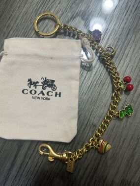 Coach Gold-Tone Charm Keychain with Red, Green, Purple, Yellow Accents